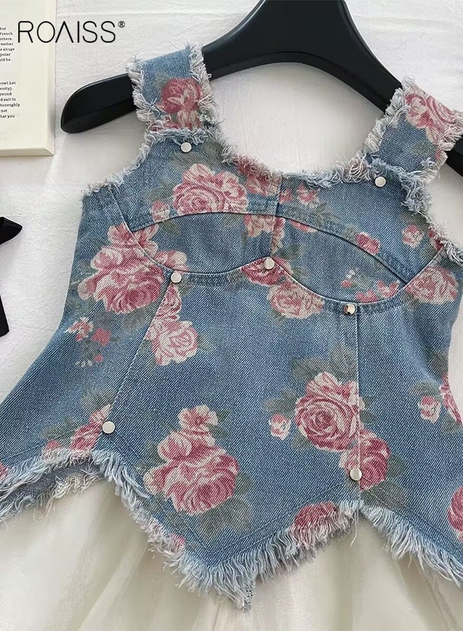 roaiss 2 Piece Comortable Clothing Set for Girls, Toddler Girls Camisole and Shorts Set, Stylish Summer Outfit with Sleeveless Floral Denim Top and Solid Short Pants - Image 4